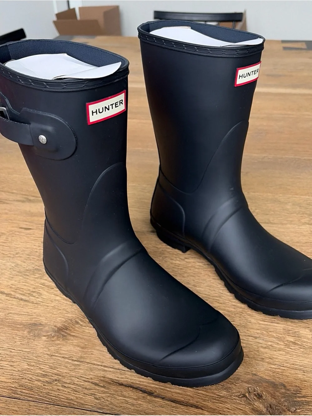 Hunter Short Matte Black Rain Boots with Red Logo Trim